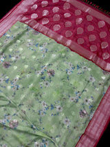 Pastel Pista Green with Hot Pink chiffon soft kora silk saree with silver zari with floral digital prints — Kaash Collection