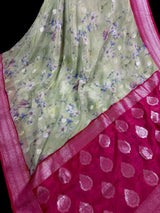 Pastel Pista Green with Hot Pink chiffon soft kora silk saree with silver zari with floral digital prints — Kaash Collection