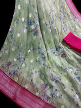 Pastel Pista Green with Hot Pink chiffon soft kora silk saree with silver zari with floral digital prints — Kaash Collection