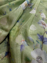 Pastel Pista Green with Hot Pink chiffon soft kora silk saree with silver zari with floral digital prints — Kaash Collection