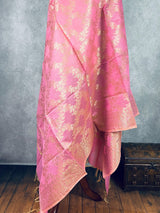 Pastel Rose Pink Color Handwoven Semi Silk Benarasi Dupatta with Muted Gold Zari Floral Jaal Weaving – Side View – Kaash Collection