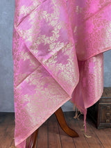 Pastel Rose Pink Color Handwoven Semi Silk Benarasi Dupatta with Muted Gold Zari Floral Jaal Weaving – Detail View – Kaash Collection