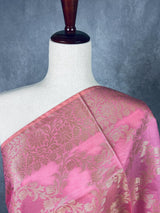 Pastel Rose Pink Color Handwoven Semi Silk Benarasi Dupatta with Muted Gold Zari Floral Jaal Weaving – Fabric Detail – Kaash Collection