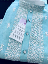 Pastel Sea Blue Color 100 Percent Premium Cotton Kurta with Pajama - Kaash