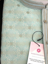 Pastel Sea Blue men's kurta pajama in soft silk with zari buttis with embossed embroidery jaal — Kaash Collection