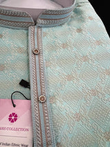 Pastel Sea Blue men's kurta pajama in soft silk with zari buttis with embossed embroidery jaal — Kaash Collection