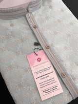 Pastel Sea Blue men's kurta pajama in soft silk with zari buttis with embossed embroidery jaal — Kaash Collection