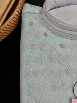 Pastel Sea Blue men's kurta pajama in soft silk with zari buttis with embossed embroidery jaal — Kaash Collection