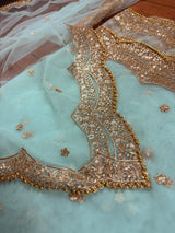 Pastel Sea Blue Color Net Dupatta with Gold Zari, Sequin and Beads - Kaash