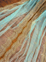 Pastel Sea Blue Color Net Dupatta with Gold Zari, Sequin and Beads - Kaash
