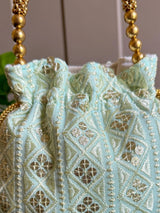 Pastel Sea Blue Color Raw Silk Light Weight Potli Bag - Kaash