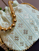 Pastel Sea Blue Color Raw Silk Light Weight Potli Bag - Kaash