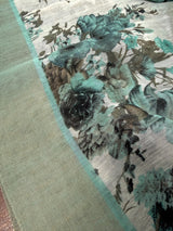 Pastel Sea Blue Floral Linen Cotton saree in linen blend cotton silk with floral print with subtle tissue border — Kaash Collection