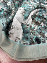 Pastel Sea Blue Floral Linen Cotton saree in linen blend cotton silk with floral print with subtle tissue border — Kaash Collection