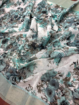 Pastel Sea Blue Floral Linen Cotton saree in linen blend cotton silk with floral print with subtle tissue border — Kaash Collection