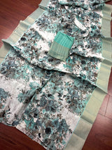 Pastel Sea Blue Floral Linen Cotton saree in linen blend cotton silk with floral print with subtle tissue border — Kaash Collection