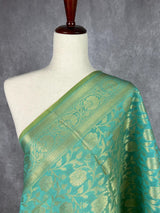 Pastel Sea Blue Handwoven Semi Silk Benarasi Dupatta with Muted Gold Zari Floral Jaal Weaving - Kaash