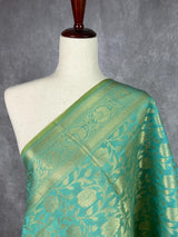 Pastel Sea Blue Handwoven Semi Silk Benarasi Dupatta with Muted Gold Zari Floral Jaal Weaving | Dupatta | Stole | Dupattas for Wedding - Kaash