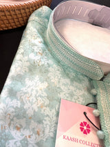 Pastel Sea Green men's kurta pajama in soft silk (non-pure) with floral digital prints — Kaash Collection