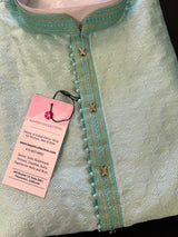 Pastel Sea Green Raw Silk Kurta Pajama Set for Men | Self Design Embroidery Buttis | Wedding Kurta | Groomsmen Kurta | Kurta Store in USA - Kaash