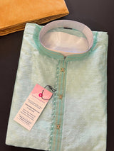Pastel Sea Green Raw Silk Kurta Pajama Set for Men | Self Design Embroidery Buttis | Wedding Kurta | Groomsmen Kurta | Kurta Store in USA - Kaash