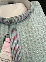 Pastel Sky Blue Men Kurta Pajama with intricate Self Embroidery | Butter Soft Silk | Handwork on neckline | Kurta for every occasion - Kaash
