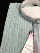 Pastel Sky Blue Men Kurta Pajama with intricate Self Embroidery | Butter Soft Silk | Handwork on neckline | Kurta for every occasion - Kaash