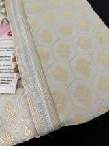 Pastel Sliver Green Color Men Kurta Pajama Set with Floral Embossed Design in Gold in Banarasi Butter Soft Silk - Kaash