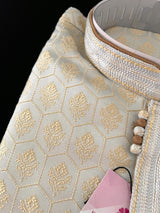 Pastel Sliver Green Color Men Kurta Pajama Set with Floral Embossed Design in Gold in Banarasi Butter Soft Silk - Kaash