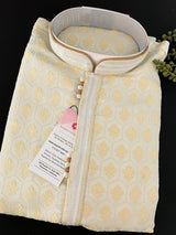 Pastel Sliver Green Color Men Kurta Pajama Set with Floral Embossed Design in Gold in Banarasi Butter Soft Silk - Kaash