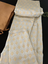 Pastel Sliver Green Color Men Kurta Pajama Set with Floral Embossed Design in Gold in Banarasi Butter Soft Silk - Kaash