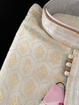 Pastel Sliver Green Color Men Kurta Pajama Set with Floral Embossed Design in Gold in Banarasi Butter Soft Silk | Indian Wedding Men Outfit - Kaash