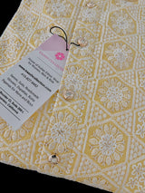 Pastel Yellow men's kurta pajama in pure cotton with lucknowi chikankari with silver sequin — Kaash Collection