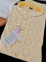 Pastel Yellow men's kurta pajama in pure cotton with lucknowi chikankari with silver sequin — Kaash Collection