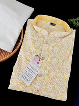 Pastel Yellow men's kurta pajama in pure cotton with lucknowi chikankari with silver sequin — Kaash Collection