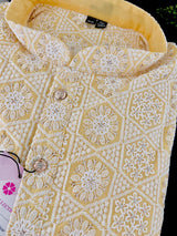 Pastel Yellow men's kurta pajama in pure cotton with lucknowi chikankari with silver sequin — Kaash Collection