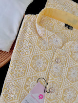 Pastel Yellow men's kurta pajama in pure cotton with lucknowi chikankari with silver sequin — Kaash Collection