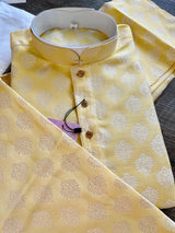 Pastel Yellow Color Men Kurta Pajama Set with Floral Buttas Weaving design in Banarasi Silk - Kaash