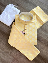 Pastel Yellow Color Men Kurta Pajama Set with Floral Buttas Weaving design in Banarasi Silk - Kaash
