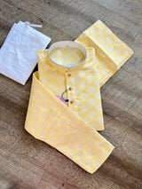 Pastel Yellow Color Men Kurta Pajama Set with Floral Buttas Weaving design in Banarasi Silk - Kaash