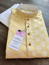 Pastel Yellow Color Men Kurta Pajama Set with Floral Buttas Weaving design in Banarasi Silk - Kaash