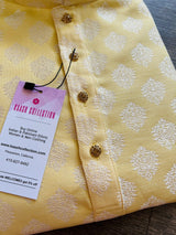 Pastel Yellow Color Men Kurta Pajama Set with Floral Buttas Weaving design in Banarasi Silk - Kaash