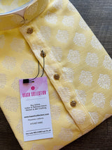 Pastel Yellow Color Men Kurta Pajama Set with Floral Buttas Weaving design in Banarasi Silk - Kaash