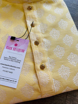 Pastel Yellow Color Men Kurta Pajama Set with Floral Buttas Weaving design in Banarasi Silk - Kaash
