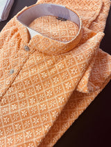 Peach men's kurta pajama in georgette with chikankari embroidery with fancy buttons — Kaash Collection