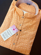 Peach men's kurta pajama in georgette with chikankari embroidery with fancy buttons — Kaash Collection