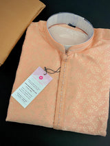 Peach Color Men Kurta Pajama with Floral Jaal in Gold | Mens Ethnic Wear | Indian Pakistani Men Wear | Sherwani Style Kurta with Lining - Kaash