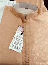 Peach Color Men Kurta Pajama with Floral Jaal in Gold | Mens Ethnic Wear | Indian Pakistani Men Wear | Sherwani Style Kurta with Lining - Kaash