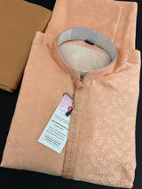 Peach Color Men Kurta Pajama with Floral Jaal in Gold | Mens Ethnic Wear | Indian Pakistani Men Wear | Sherwani Style Kurta with Lining - Kaash