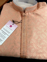 Peach Color Men Kurta Pajama with Floral Jaal in Gold | Mens Ethnic Wear | Indian Pakistani Men Wear | Sherwani Style Kurta with Lining - Kaash
